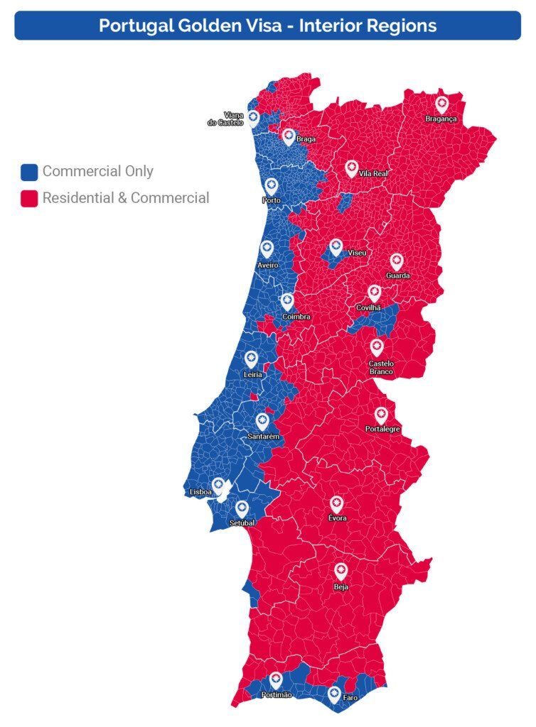 Um mapa vermelho e azul de portugal mostrando as regiões do interior