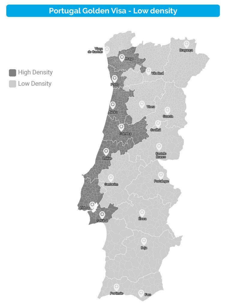 Um mapa preto e branco de portugal com baixa densidade