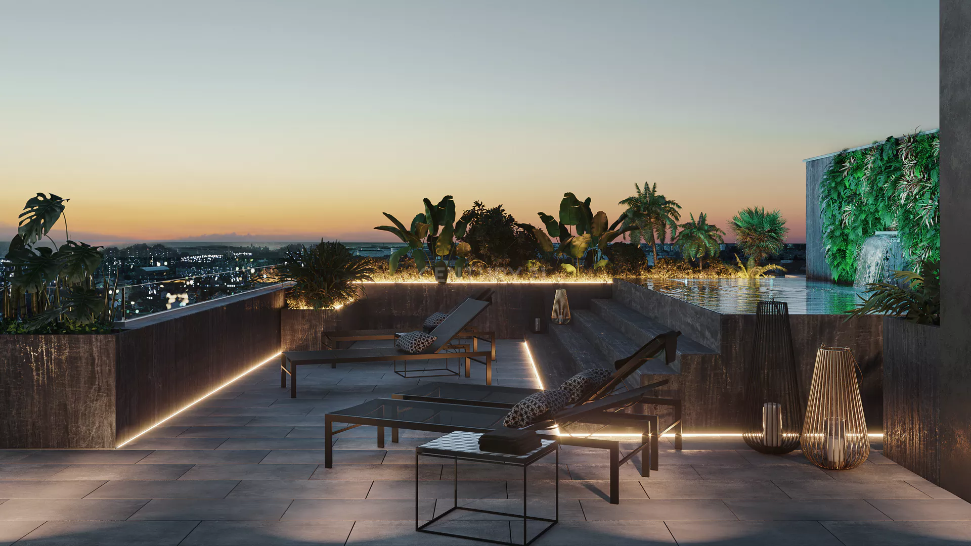 Uma impressão artística de um terraço com espreguiçadeiras e uma piscina.