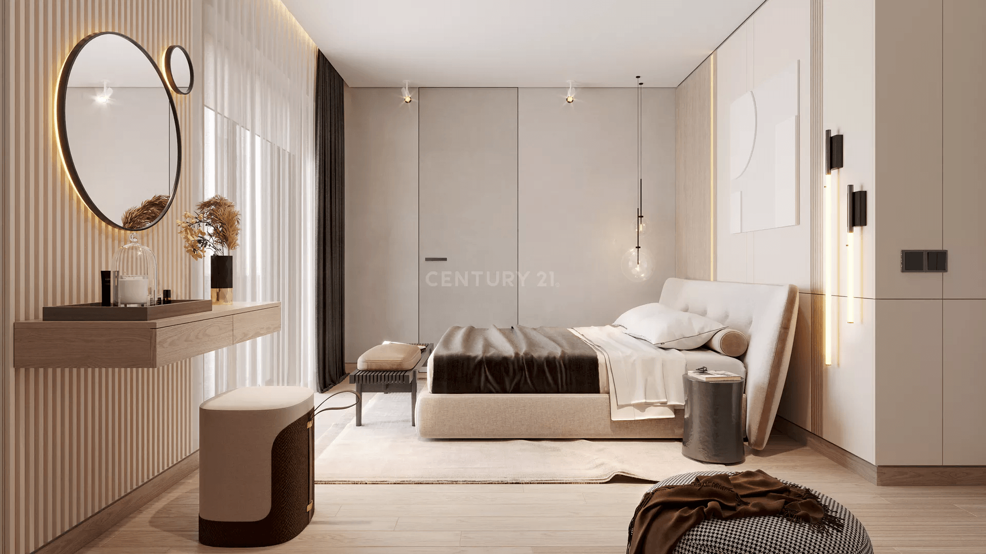 Um quarto com cama, cômoda, espelho e pufe.