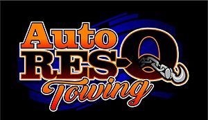 Logo for Auto RES-Q Towing; orange and white text, blue background, tow hook graphic inside
