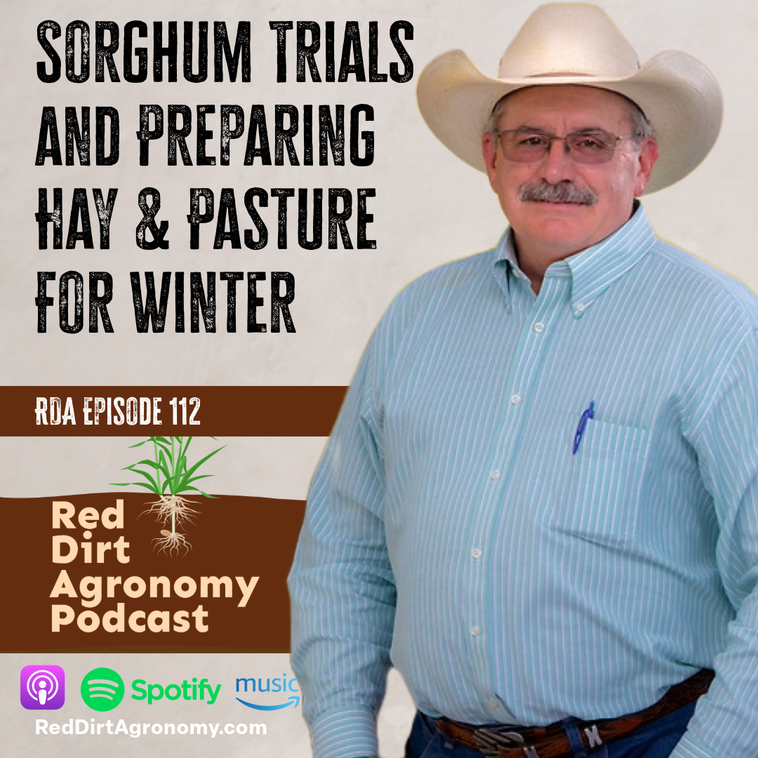 Podcast cover: man in cowboy hat beside text “Sorghum Trials and Preparing Hay & Pasture for Winter”