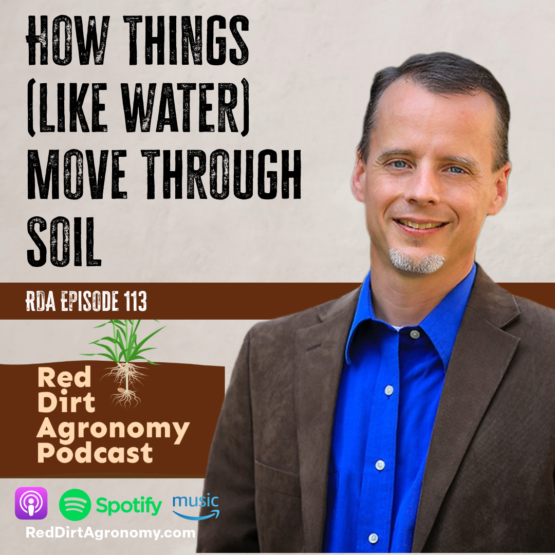 Podcast cover: man in blue shirt and brown jacket beside text “How Things (Like Water) Move Through Soil”