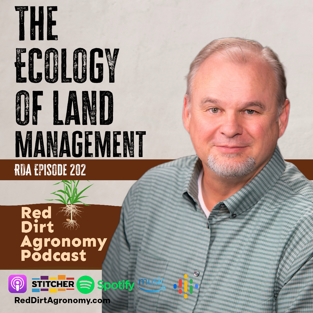 Podcast cover for “The Ecology of Land Management” with a man on the right and brown-and-white title text on the left
