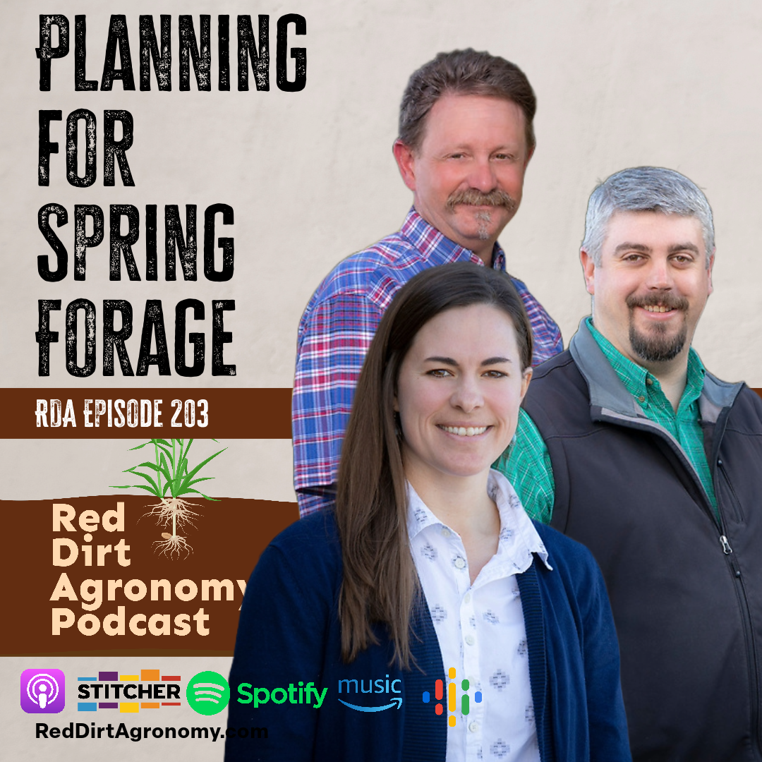Planning for spring forage podcast cover with three hosts and logos on a brown-and-green background