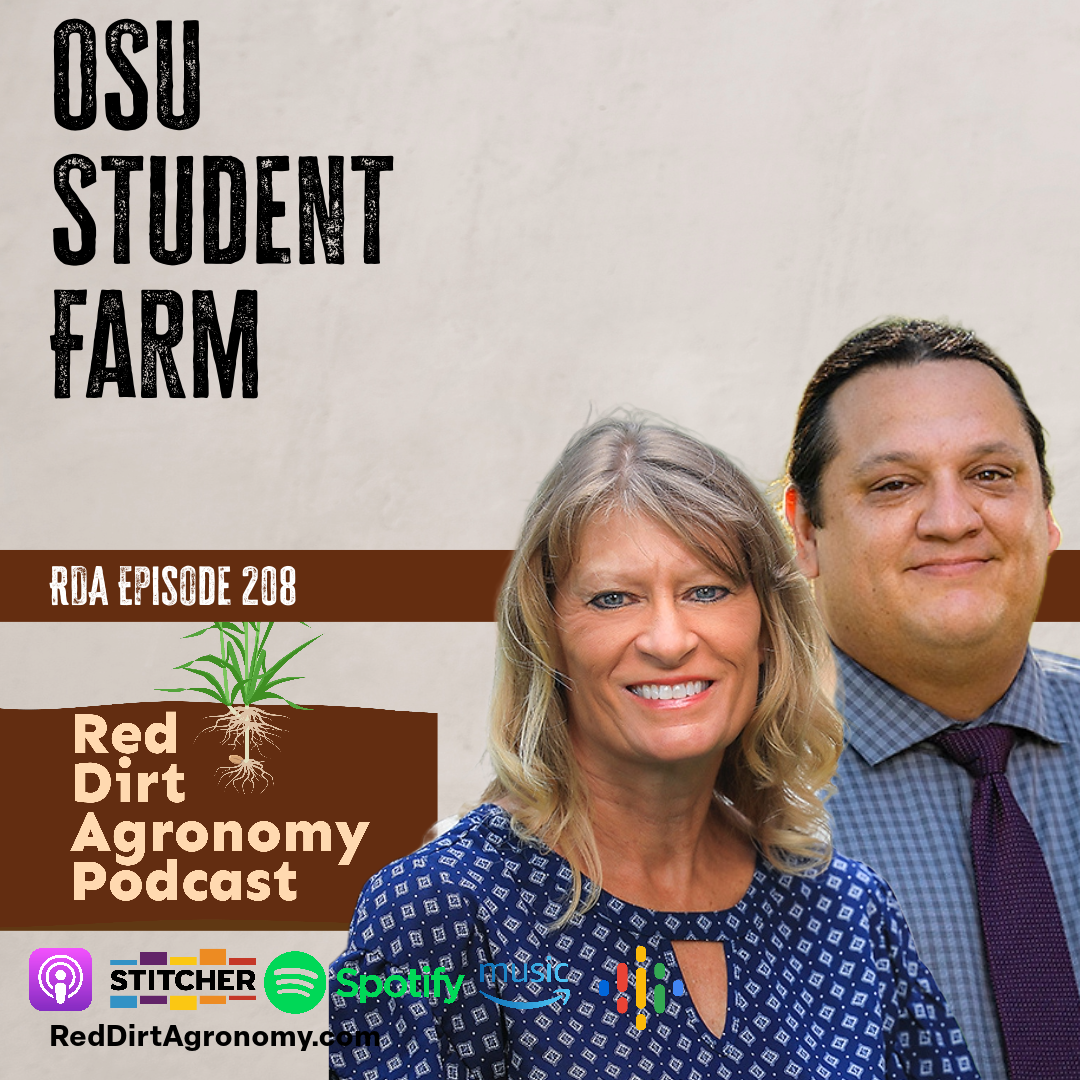OSU Student Farm podcast cover with two smiling hosts and “Red Dirt Agronomy Podcast” text