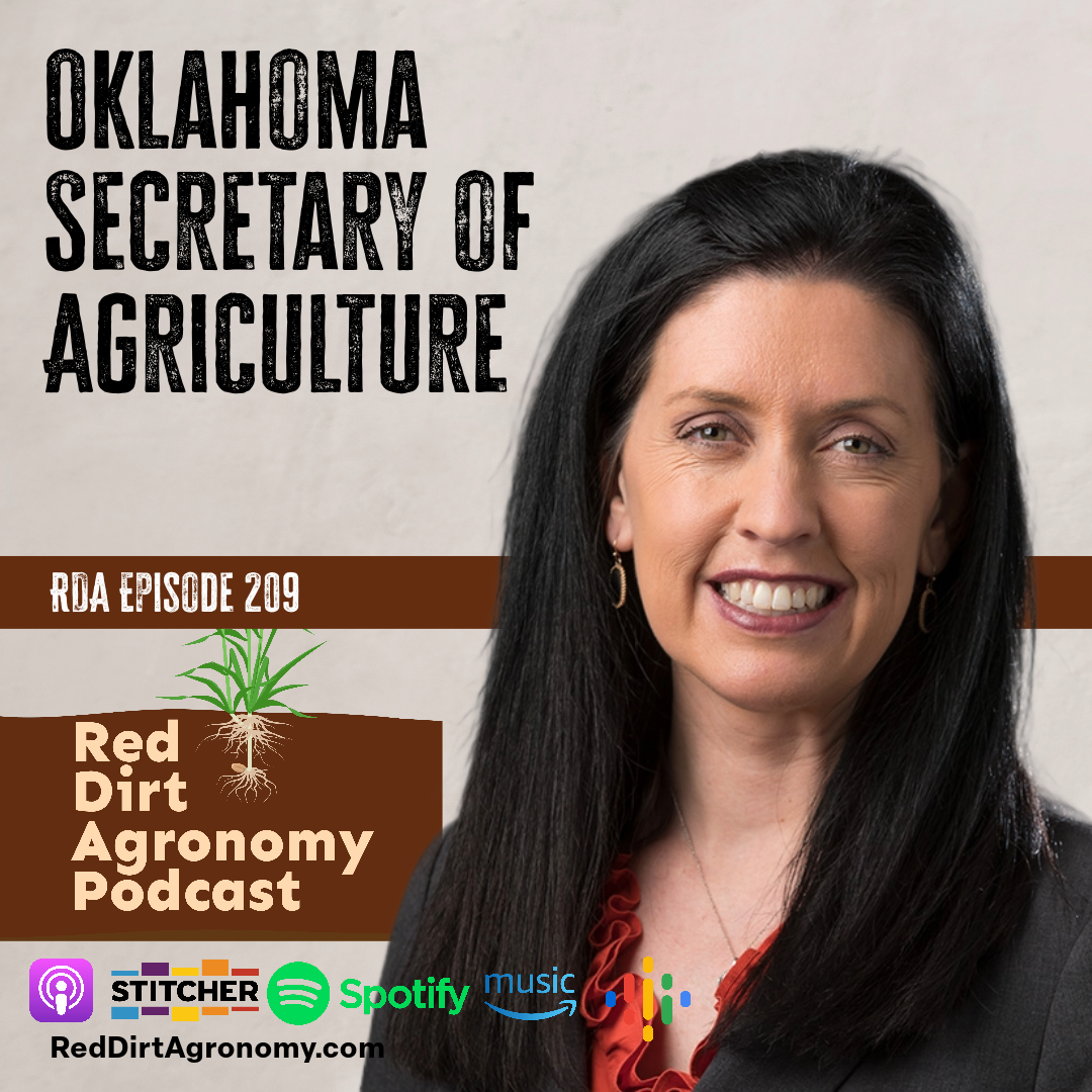 Podcast promo for Oklahoma Secretary of Agriculture, with smiling woman portrait and red dirt agronomy branding