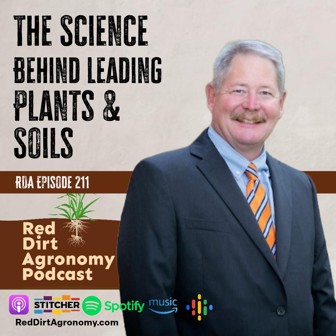 Podcast cover for “The Science Behind Leading Plants & Soils” with a suited man and agriculture logos