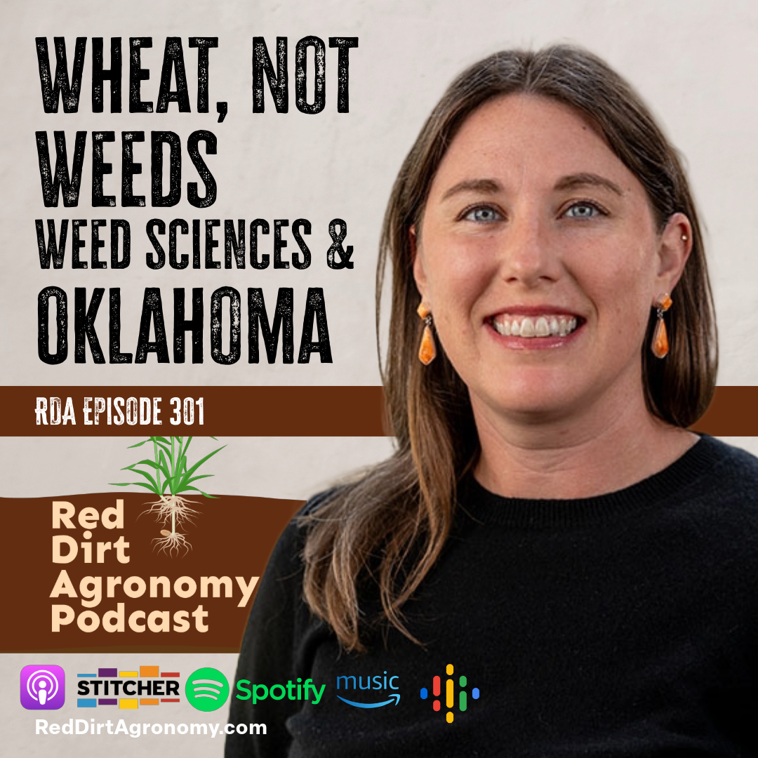 Podcast cover: smiling woman beside “Wheat, Not Weeds” and “Weed Sciences & Oklahoma” text on brown background