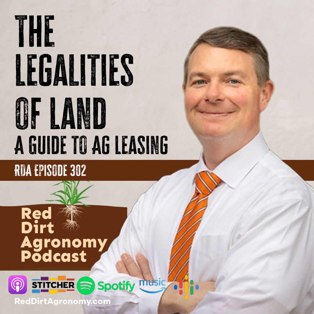 Podcast cover for “The Legalities of Land: A Guide to Ag Leasing” featuring a smiling man in a striped tie.