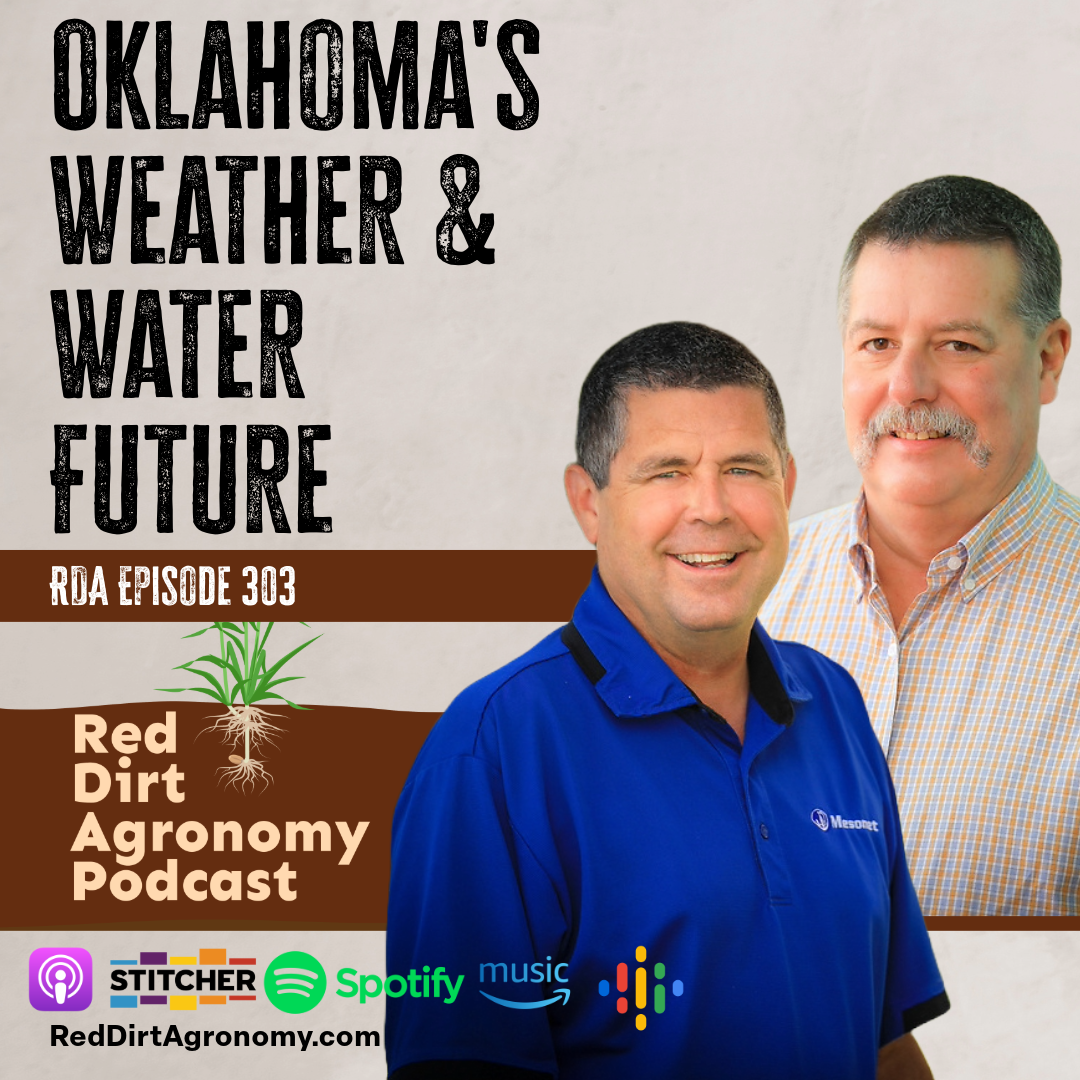 Podcast cover for “Oklahoma’s Weather & Water Future,” with two smiling men on a brown-and-white background.