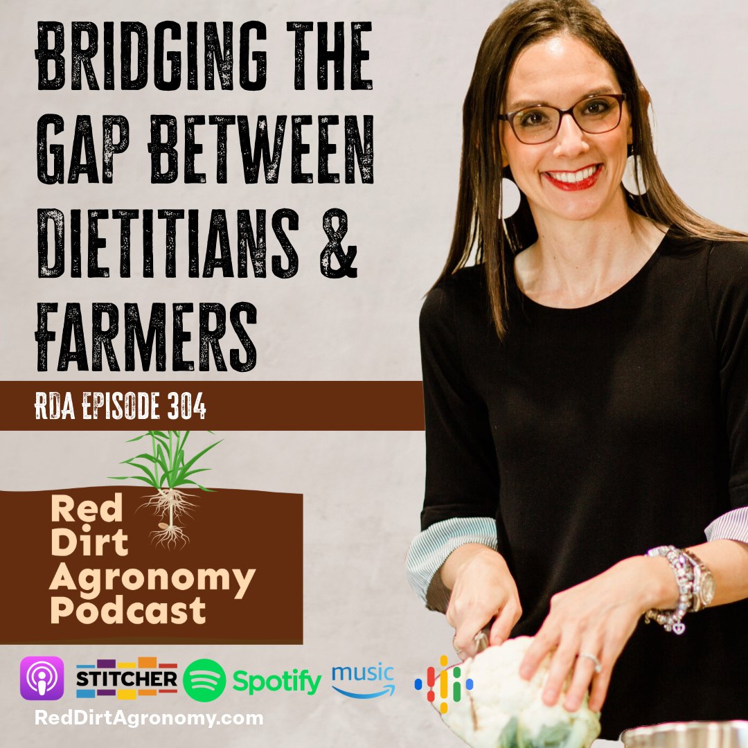 Podcast cover reading “Bridging the Gap Between Dietitians & Farmers,” with a smiling woman beside a plant and logo text.