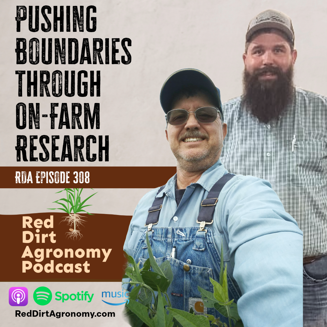 Podcast cover for Red Dirt Agronomy Podcast, featuring two smiling men in farm attire with plants and bold text.