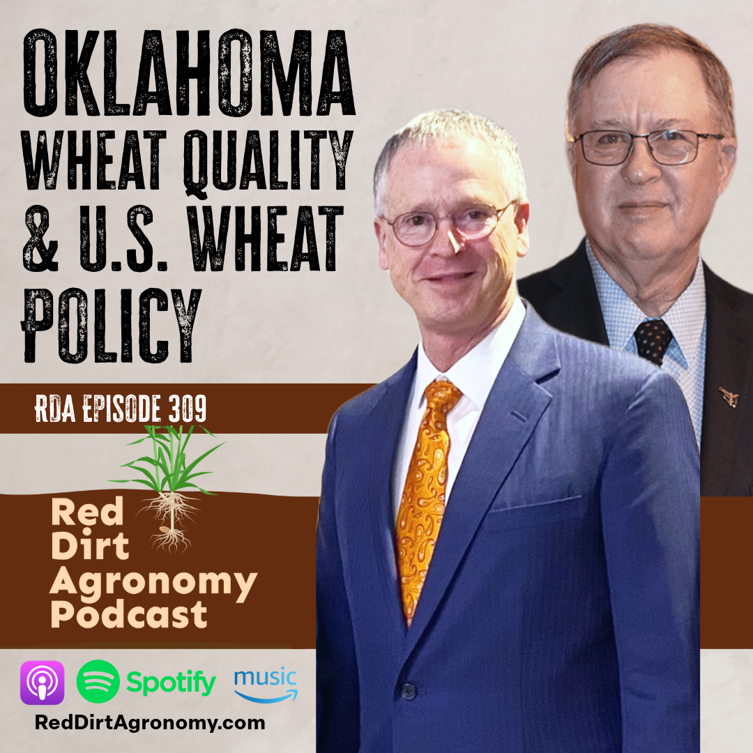 Podcast cover: “Oklahoma wheat quality & U.S. wheat policy” with two men and wheat graphic.