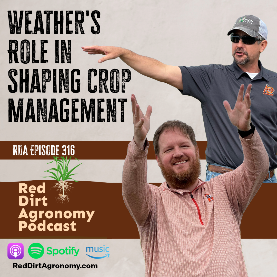 Weather's role in shaping crop management podcast cover with two men gesturing and weather icons