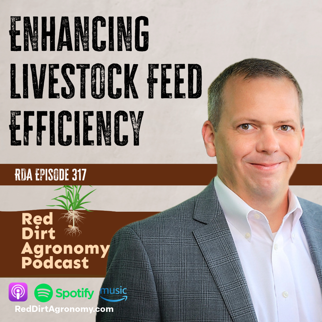 Podcast cover: “Enhancing Livestock Feed Efficiency” with a man in a gray blazer and Red Dirt Agronomy Podcast branding.