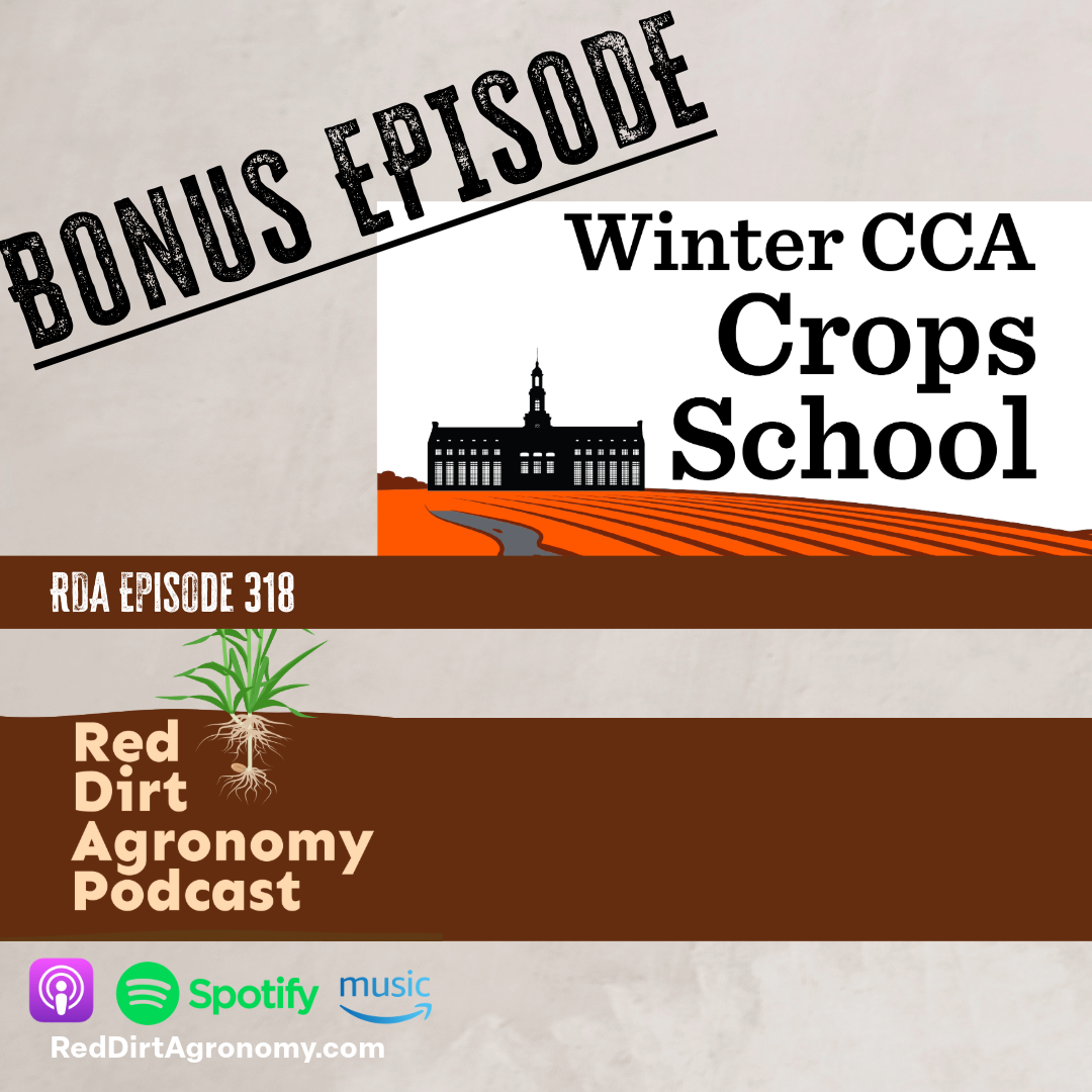 Bonus episode graphic for Winter CCA Crops School and Red Dirt Agronomy Podcast, with farm logo and podcast icons