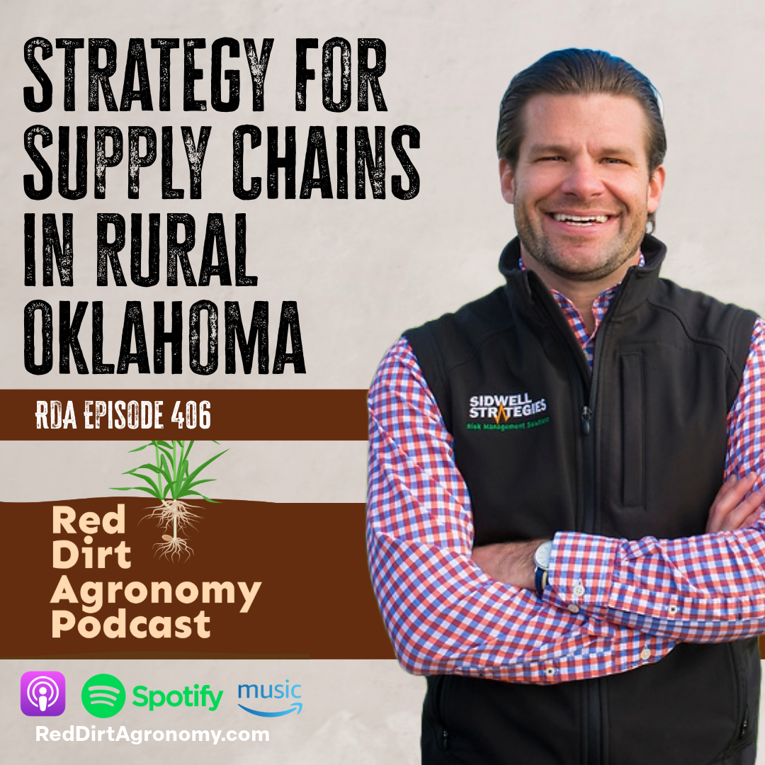 Podcast cover for “Strategy for Supply Chains in Rural Oklahoma” with smiling man and Red Dirt Agronomy branding