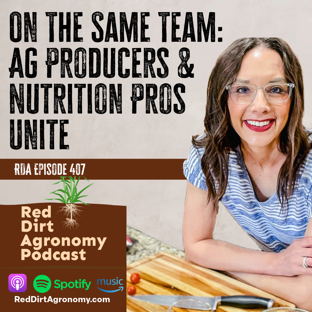 Podcast promo graphic with smiling woman, text “On the Same Team: AG Producers & Nutrition Pros Unite,” and logos.