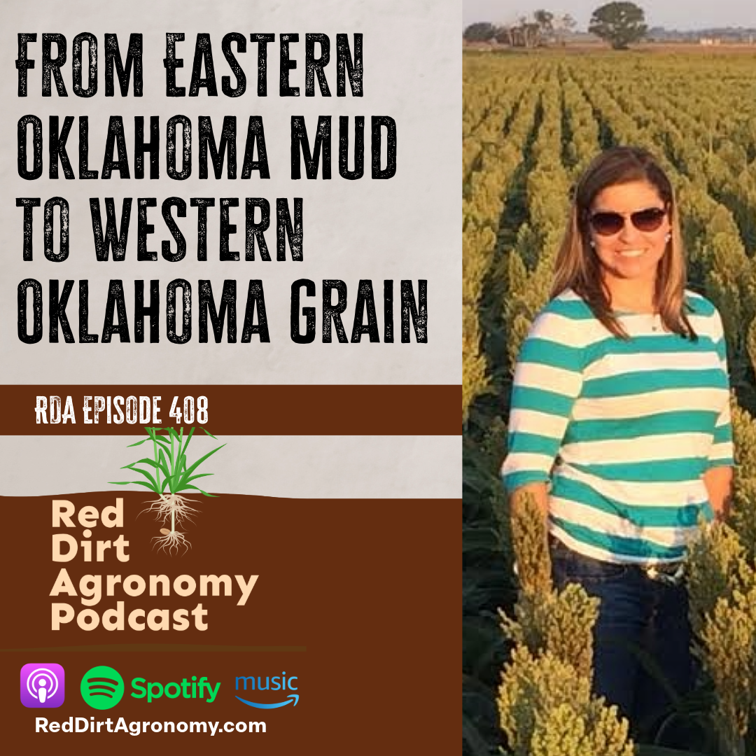Podcast promo for Red Dirt Agronomy: woman in striped sweater standing in an Oklahoma grain field, text on mud to grain.