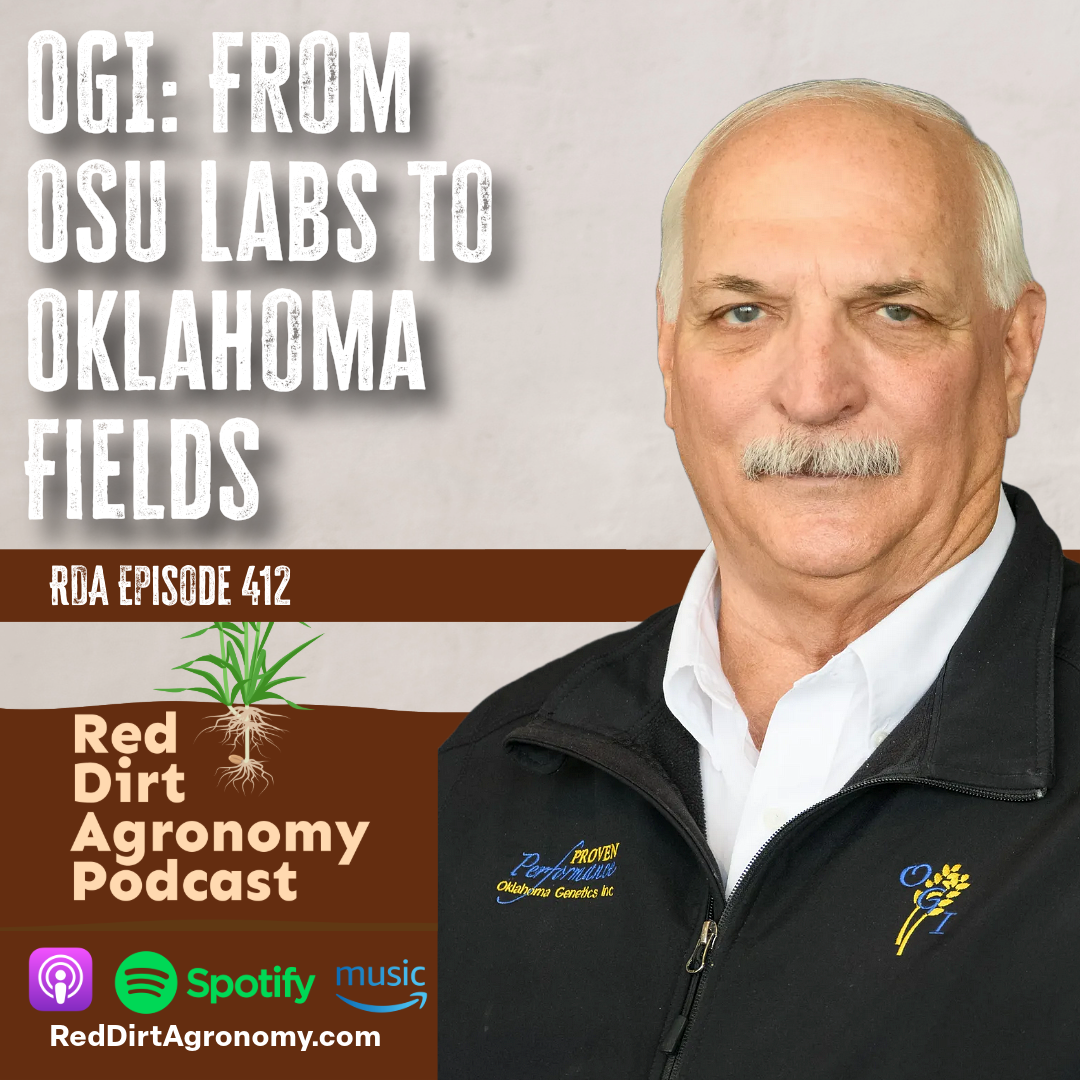 Podcast promo with a man in a black jacket beside text: “OGI: From OSU Labs to Oklahoma Fields.”