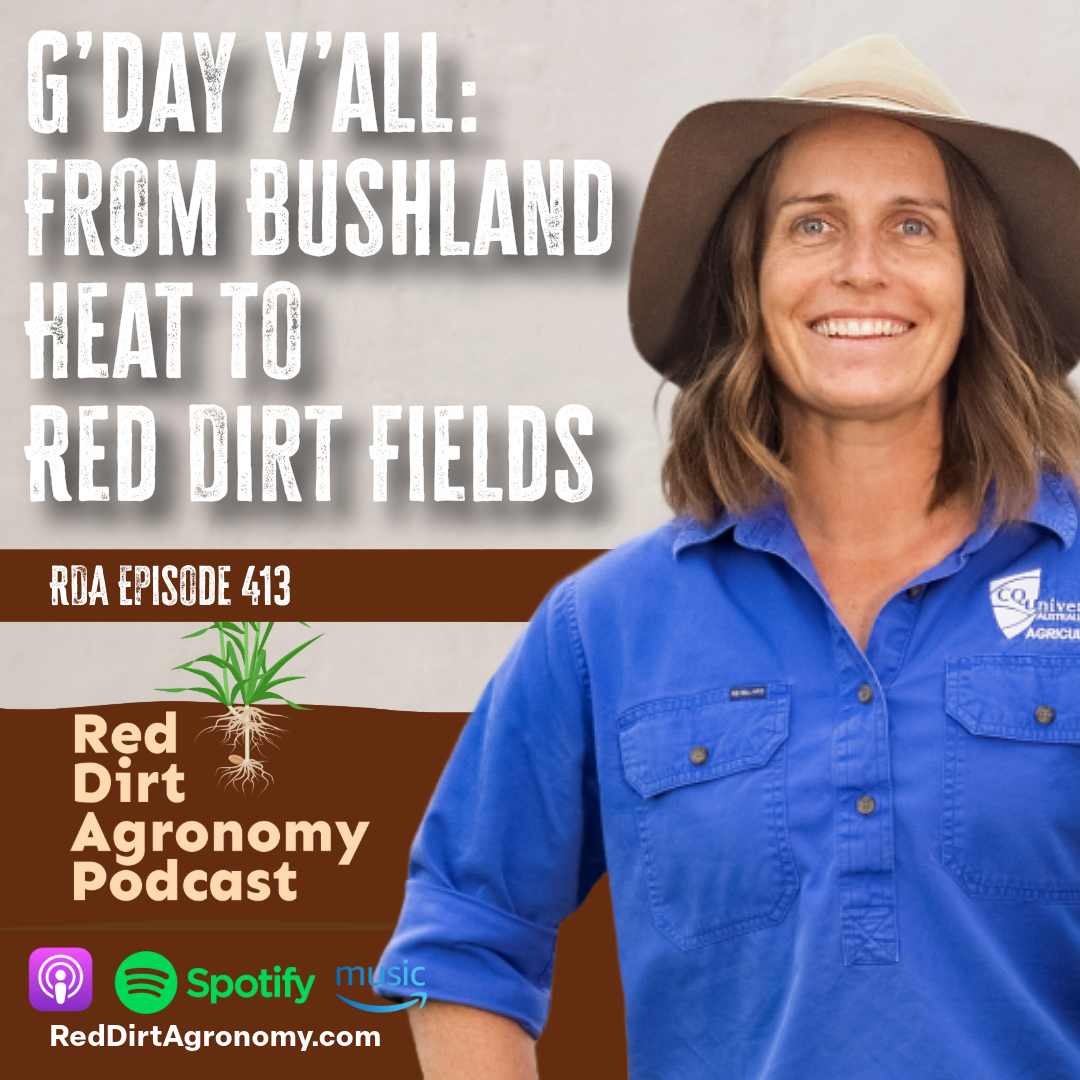 Podcast promo with smiling woman in blue shirt and hat on red dirt farm backdrop, 