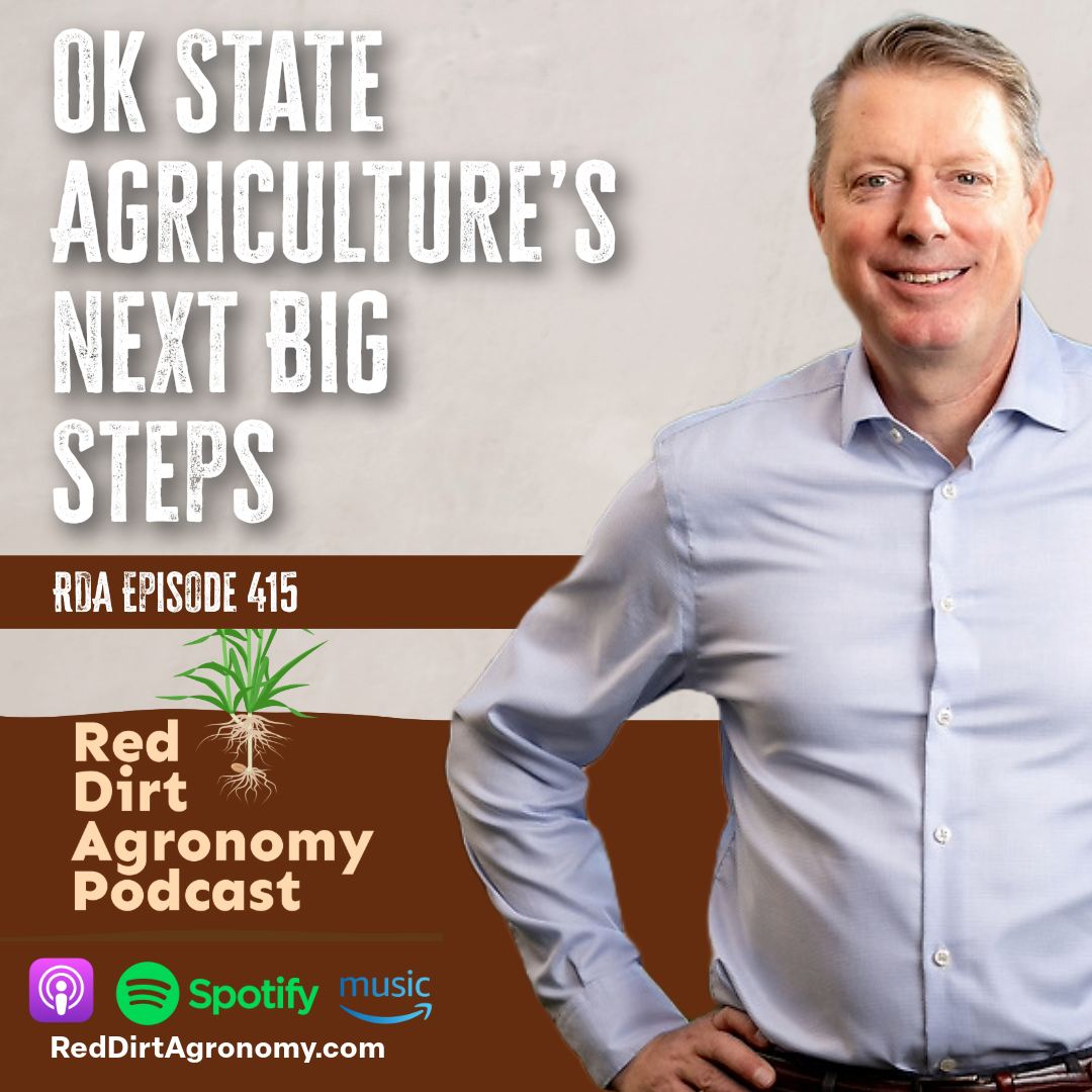 OK State Agriculture’s Next Big Steps podcast cover with a smiling man on a brown-and-white background