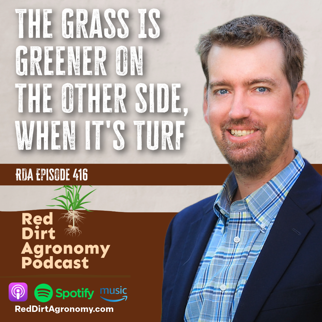 Podcast cover with smiling man in blue shirt and title: “The grass is greener on the other side, when it’s turf.”