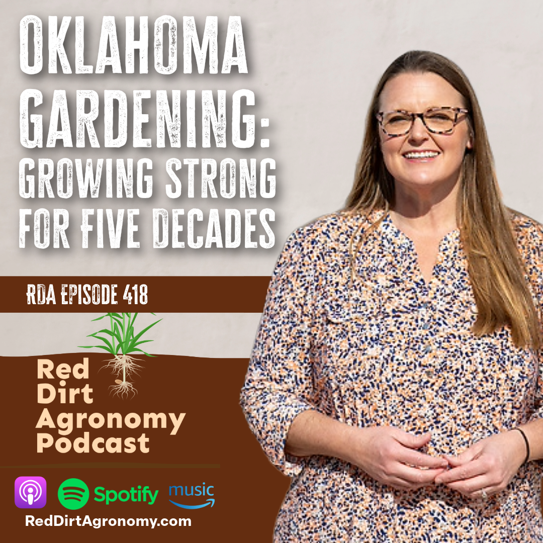 Oklahoma gardening podcast cover with smiling woman, text, and Red Dirt Agronomy Podcast branding