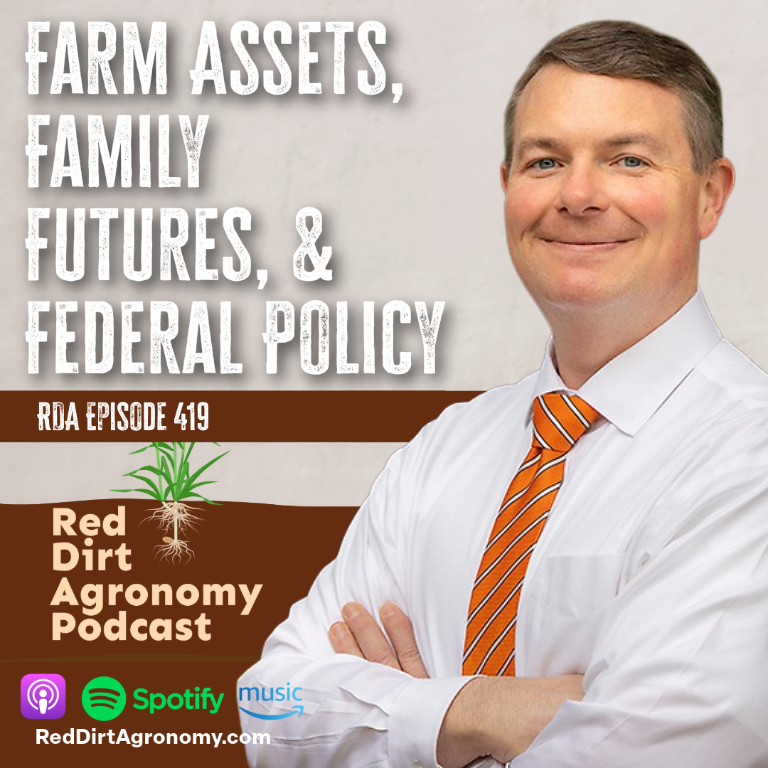Podcast cover: smiling man in white shirt and orange striped tie beside text “Farm Assets, Family Futures, & Federal Policy”