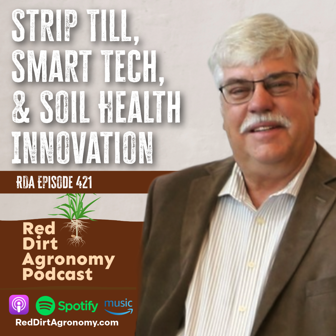 Podcast promo with man beside text: “Strip till, smart tech, & soil health innovation.”