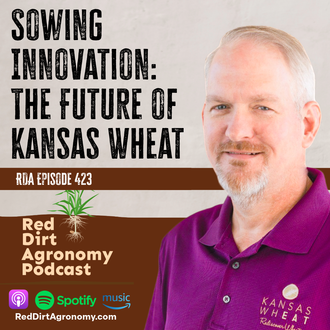 Podcast cover: “Sowing Innovation: The Future of Kansas Wheat” with a man in a purple shirt and wheat graphic