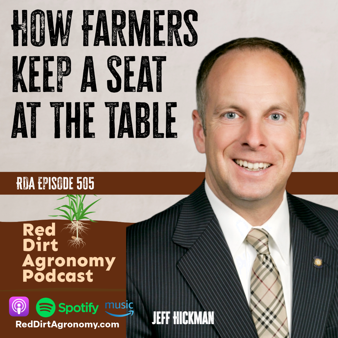 Podcast cover with smiling man in suit and title “How Farmers Keep a Seat at the Table” on red-brown background