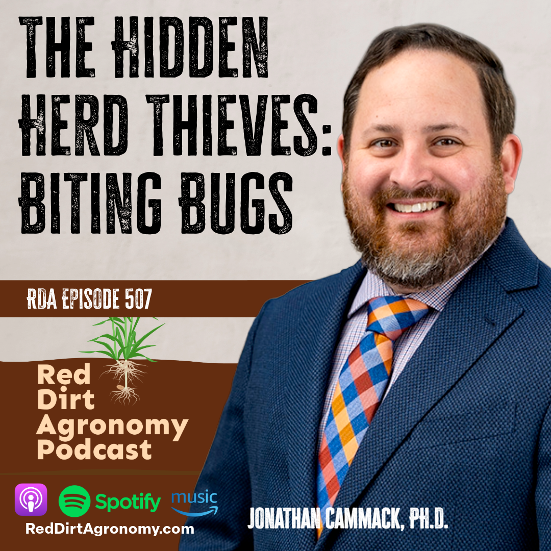 Podcast cover for “The Hidden Herd Thieves: Biting Bugs,” with a smiling man in a suit and bug illustration.