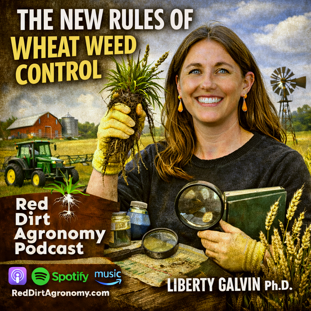 Podcast cover for “The New Rules of Wheat Weed Control” with smiling woman holding weeds and a tractor field backdrop