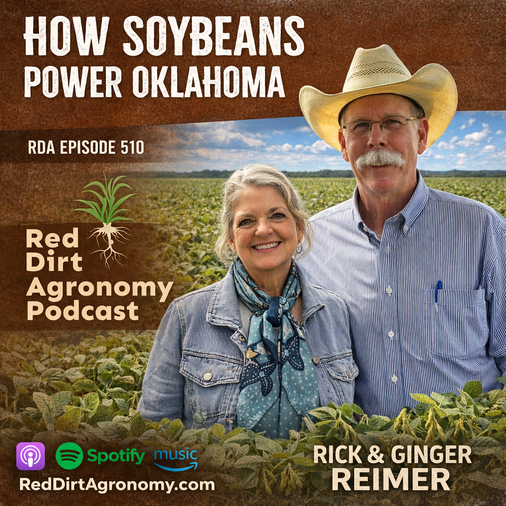 Soybeans field and two podcast hosts promoting “How Soybeans Power Oklahoma” Red Dirt Agronomy Podcast