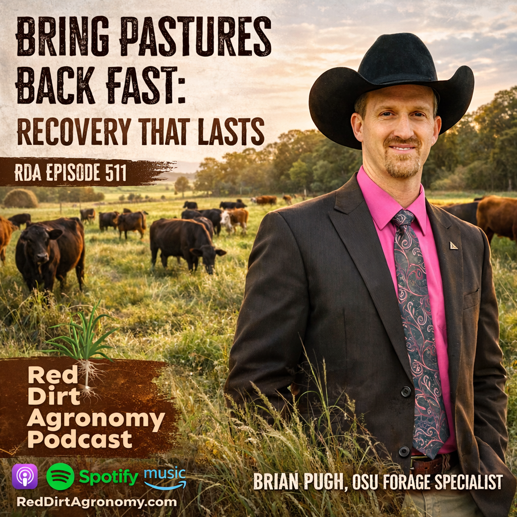 Cowboy in black hat beside cattle in pasture; podcast graphic reads “Bring Pastures Back Fast: Recovery That Lasts.”
