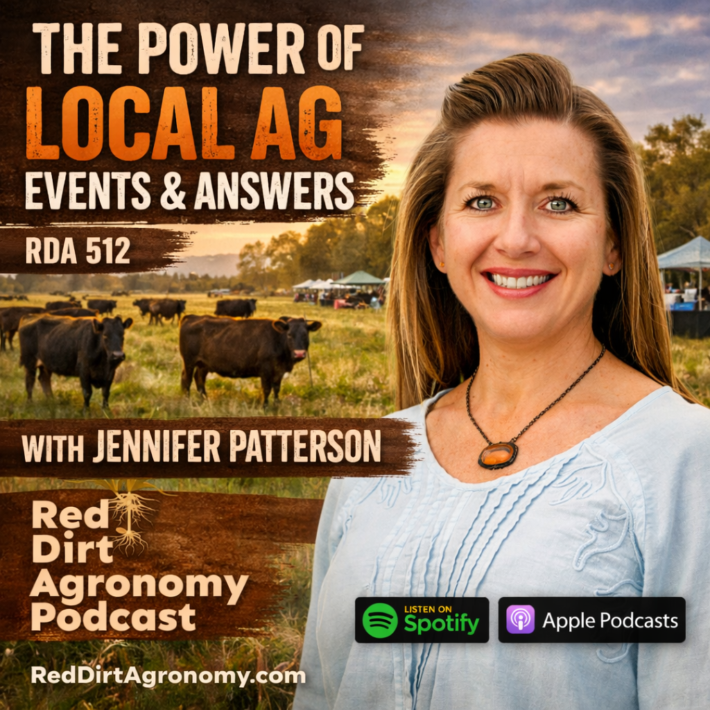 Podcast promo for “The Power of Local Ag,” featuring a smiling woman in a field with cattle and sponsor logos.