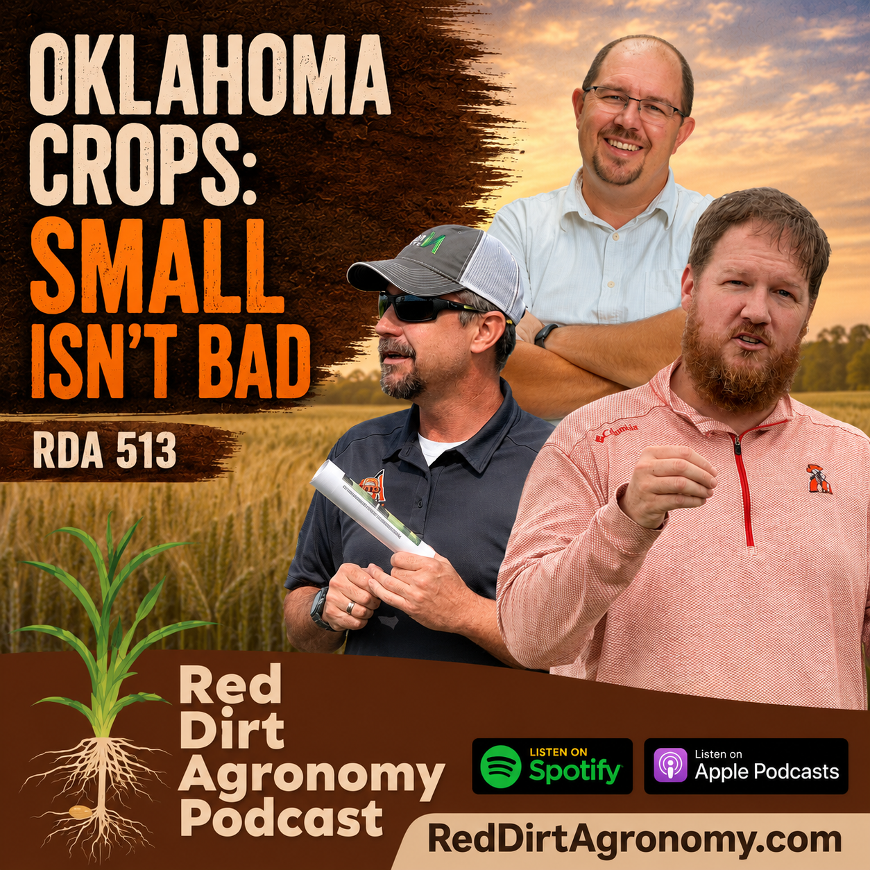 Podcast cover for Red Dirt Agronomy: “Oklahoma Crops: Small Isn’t Bad,” with three men in a crop field and logos.
