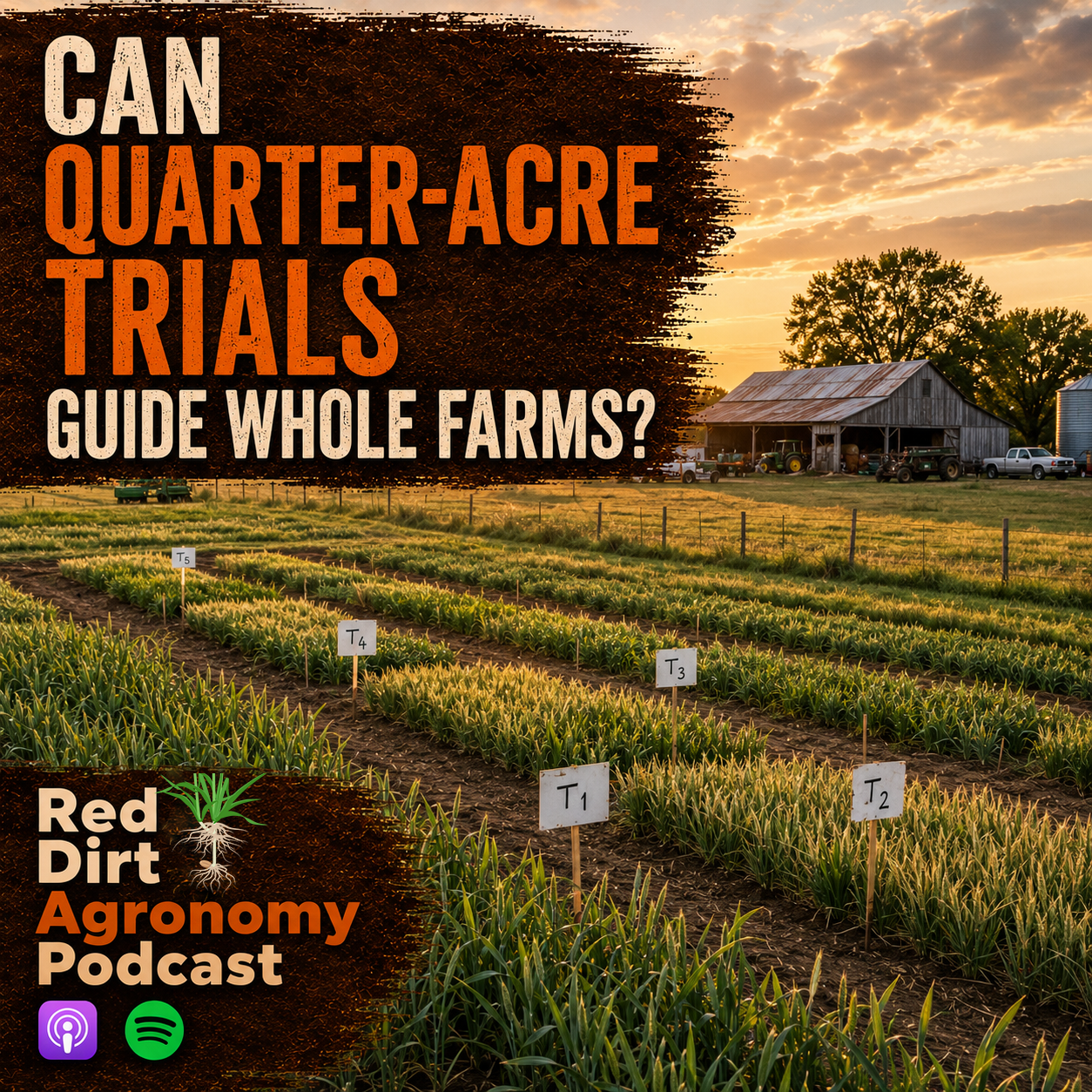 Podcast cover for Red Dirt Agronomy: “Oklahoma Crops: Small Isn’t Bad,” with three men in a crop field and logos.