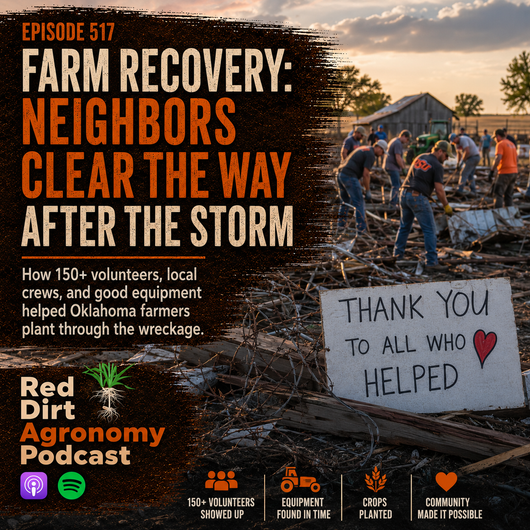 Podcast cover for Red Dirt Agronomy: “Oklahoma Crops: Small Isn’t Bad,” with three men in a crop field and logos.