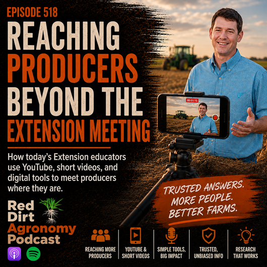 Podcast cover for Red Dirt Agronomy: “Oklahoma Crops: Small Isn’t Bad,” with three men in a crop field and logos.