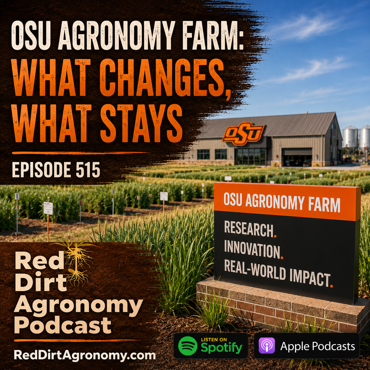 Podcast cover for Red Dirt Agronomy: “Oklahoma Crops: Small Isn’t Bad,” with three men in a crop field and logos.