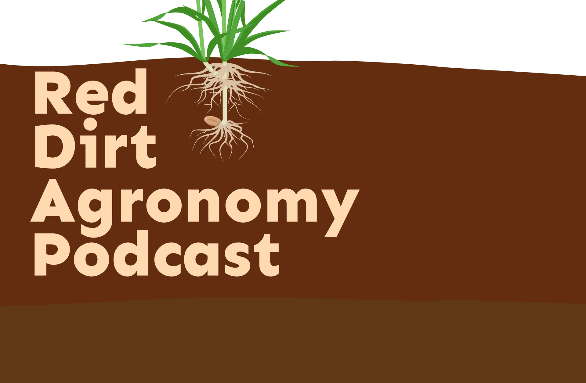 Red Dirt Agronomy Podcast logo with white text on brown soil and green plant sprouting above