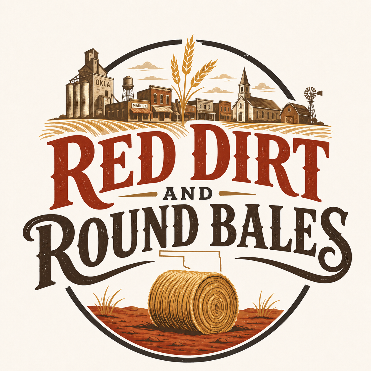 Red Dirt and Round Bales farm logo with barns, wheat, and a hay bale in warm orange and brown tones