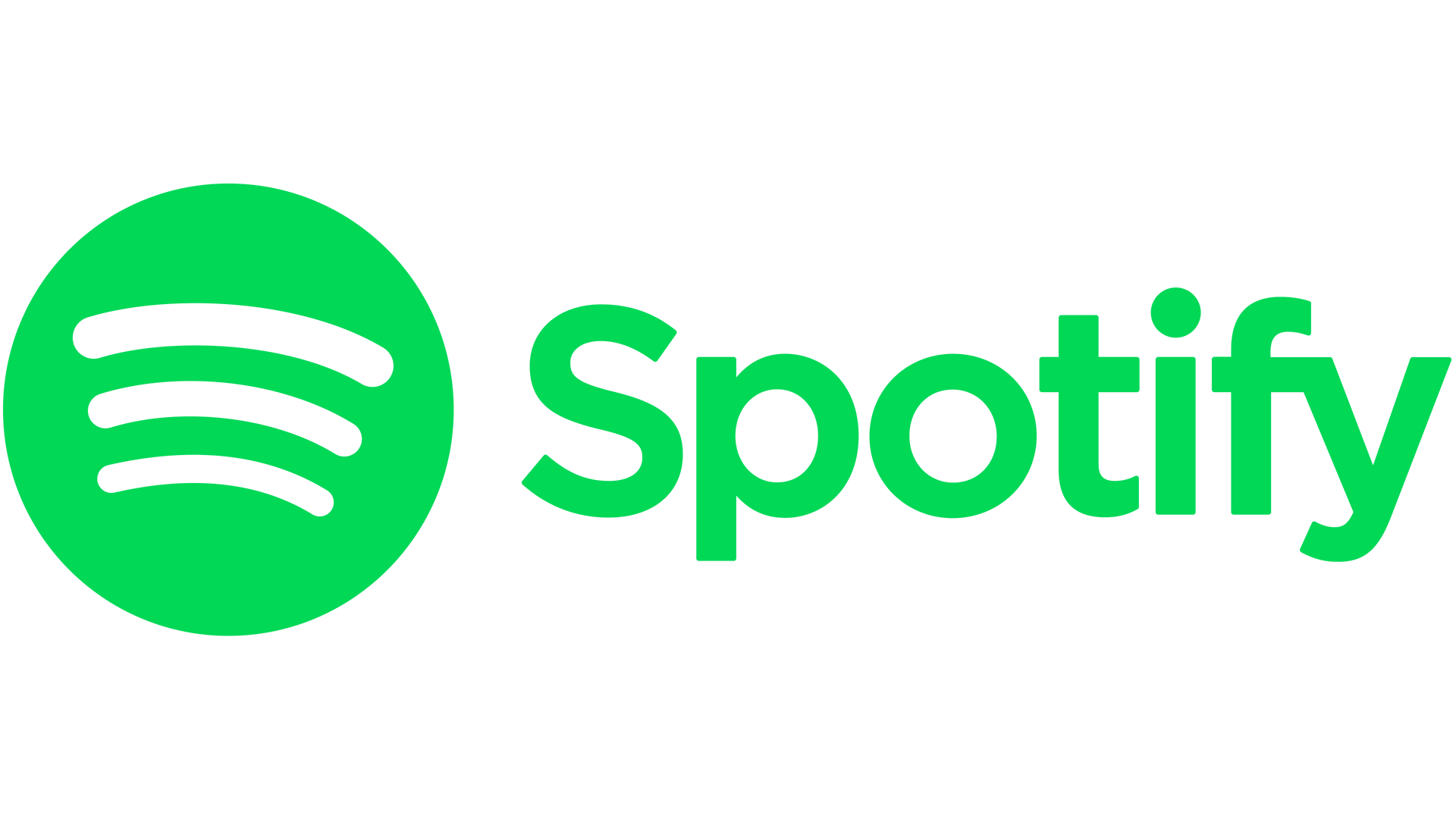 Spotify logo in bright green with circular icon and wordmark on white background
