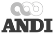 Logotipo para ANDI, con tres bucles enlazados encima del texto.