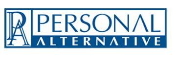 Personal Alternative logo in blue and white with stylized PA monogram
