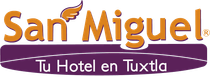 Logotipo del hotel San Miguel en color naranja y morado, con el texto 