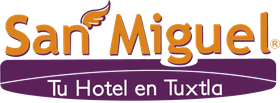 Logotipo del hotel San Miguel: texto naranja sobre una cinta morada; dice 